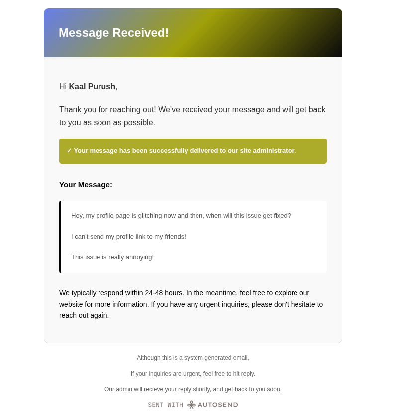confirmation email recieved by user
