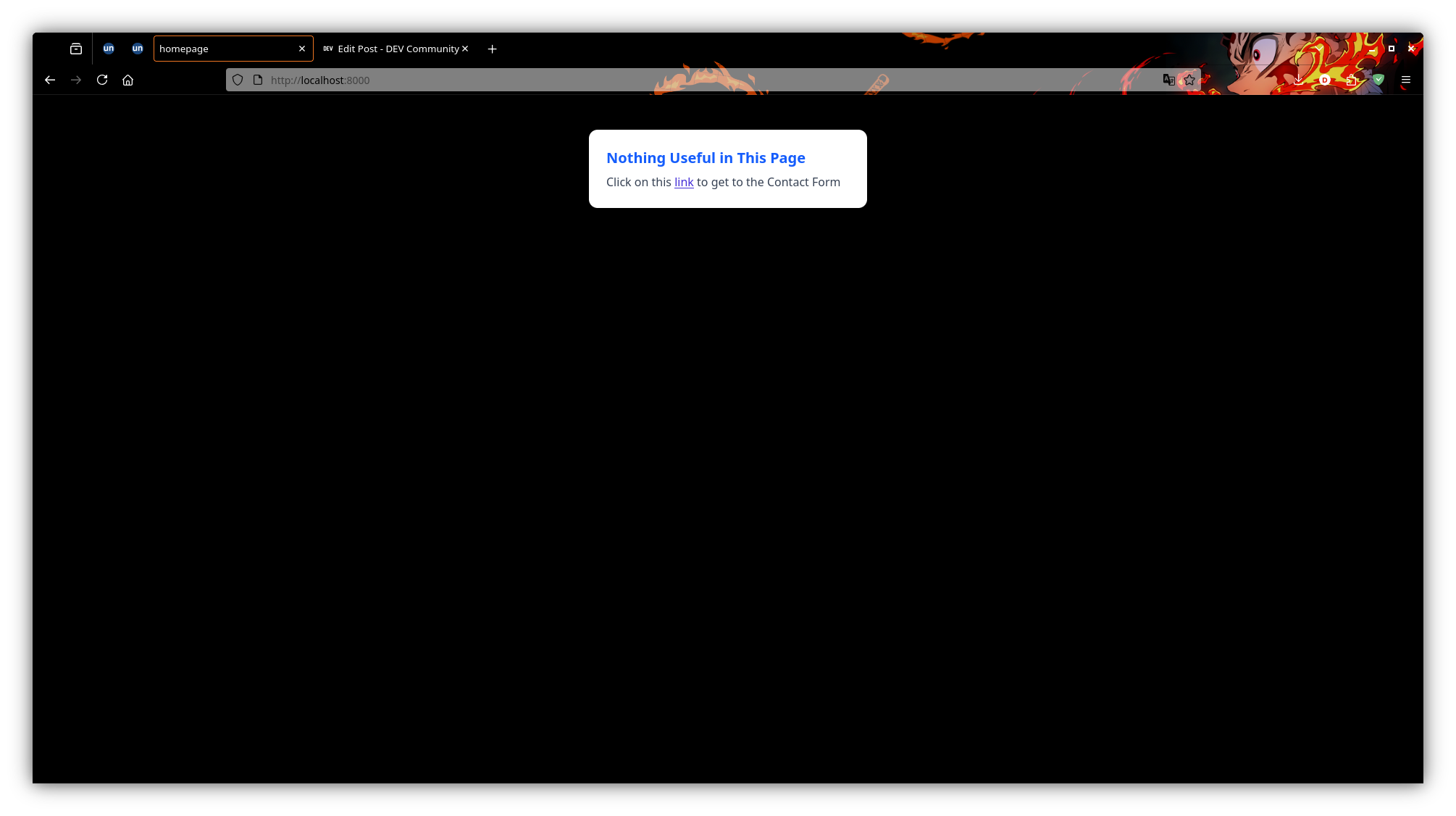 Dummy Landing Page - black background webpage with a rectangular small white card where is written - &ldquo;nothing useful in this page. Click here to go to the contact page&rdquo;.