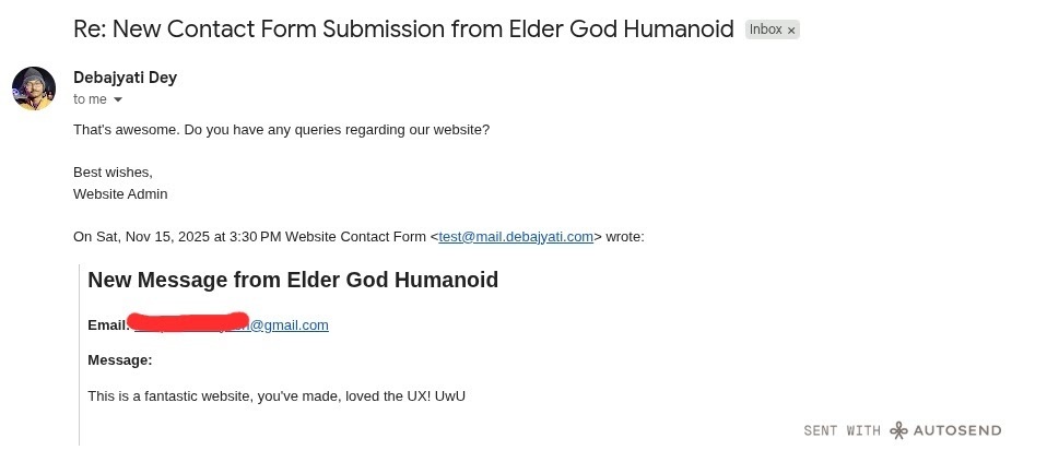 Reply from website admin through gmail